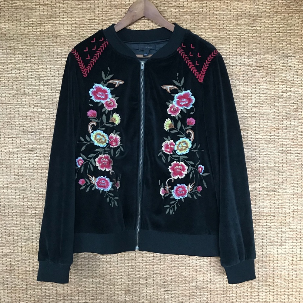 Torrid Black Velvet Embroidered Bomber Jacket Plus